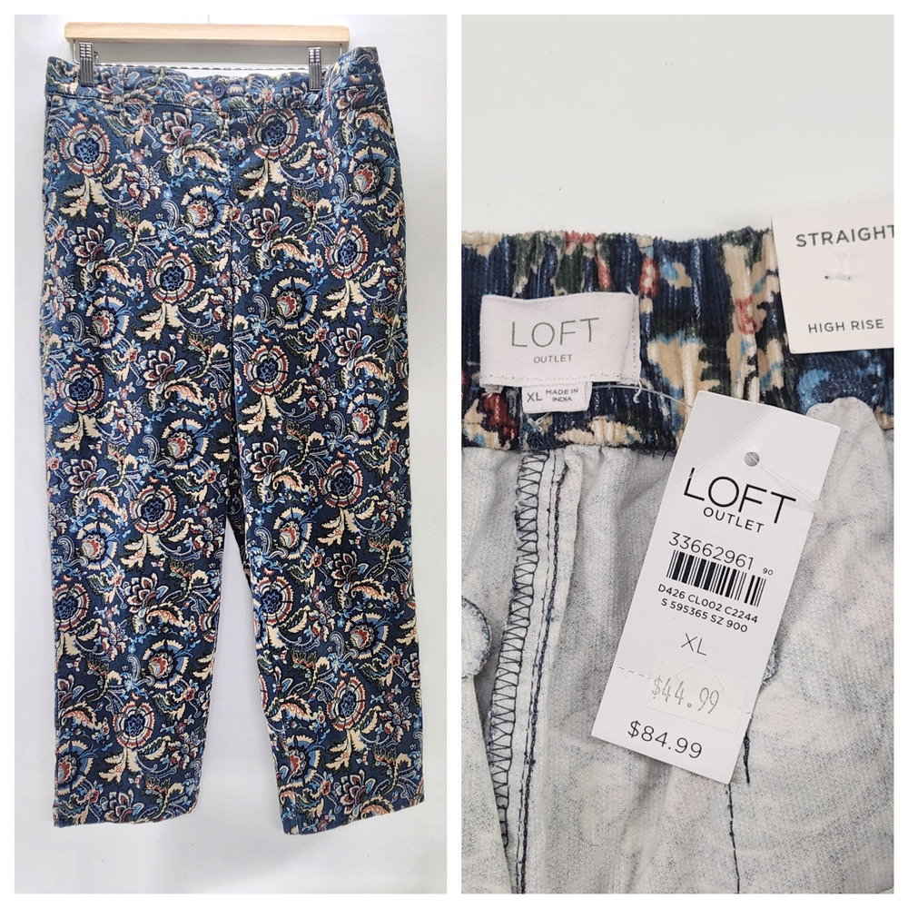Loft High Rise Straight Corduroy Pants Size XL Blue Paisley Pockets Preppy Luxe